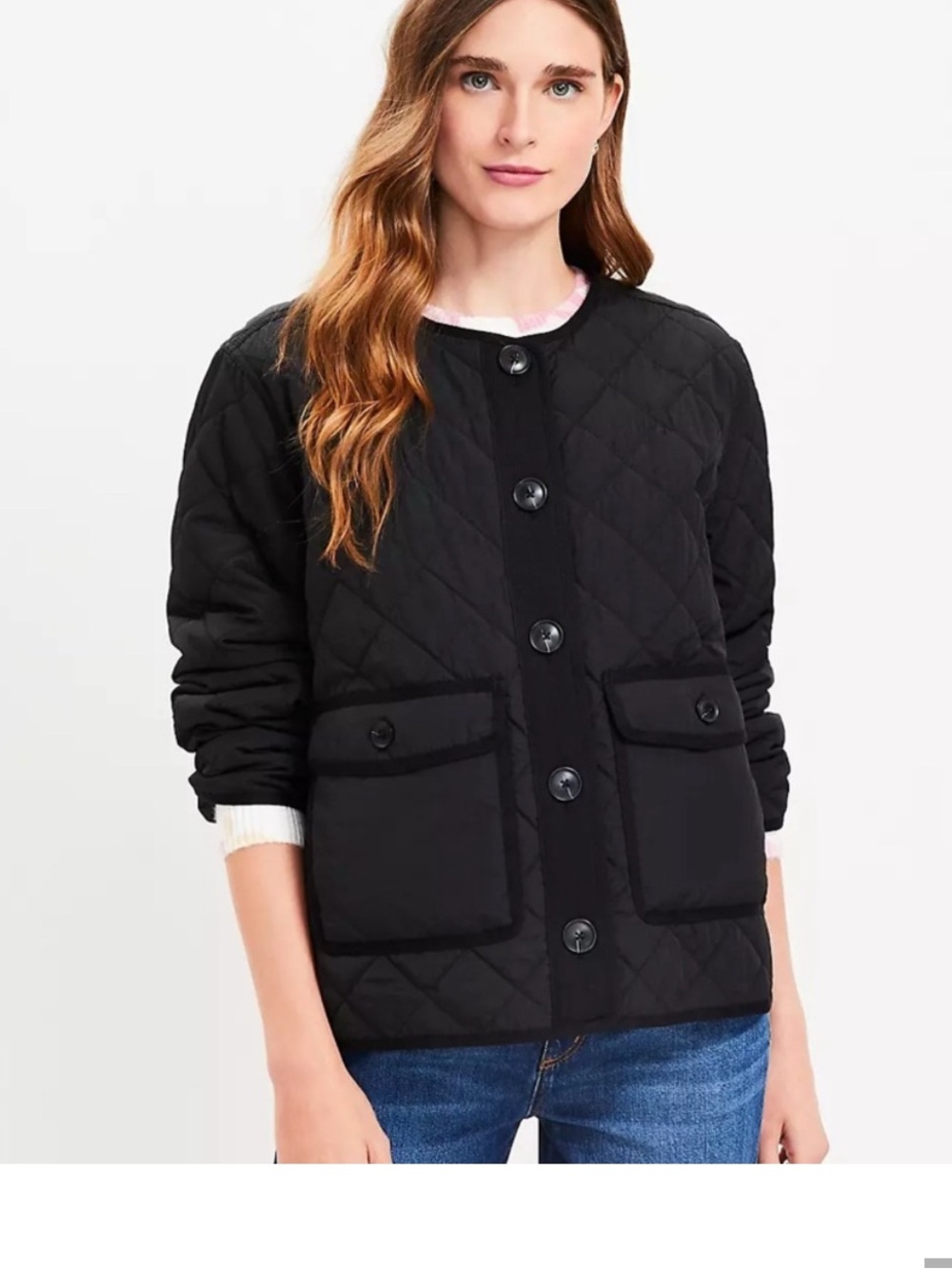 LOFT Black Quilted Button-Front Jacket